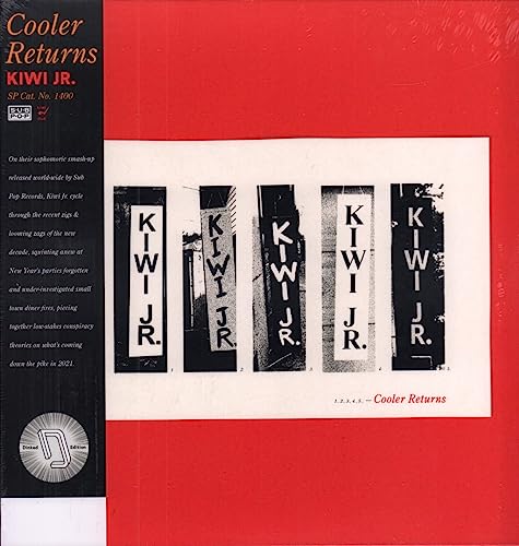 Red vinyl record cover with black and white repeated "Kiwi Jr." text.