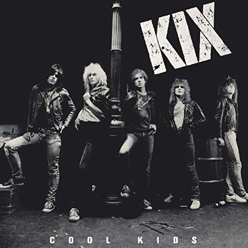 "Kix band members in leather jackets posing around a lamppost, black-and-white album cover."