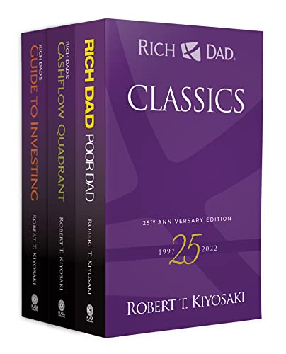 Boxed set of books with Robert Kiyosaki's financial guides, likely with gold or embossed lettering.