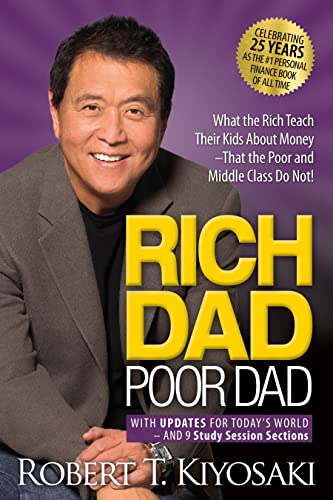 Book cover for Rich Dad Poor Dad featuring a portrait of Robert T. Kiyosaki.