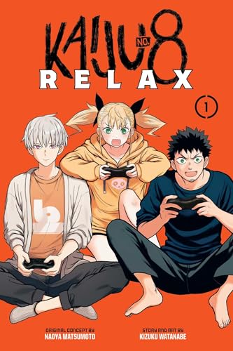 Three anime characters sitting on an orange background playing video games with controllers.