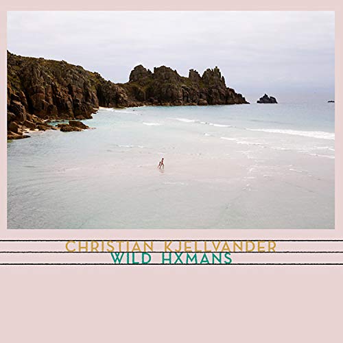 "Album cover with a person standing in shallow water near rocky cliffs, pale pink border."