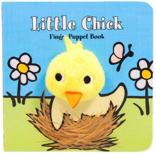 Yellow chick finger puppet emerging from a nest on a blue book cover.
