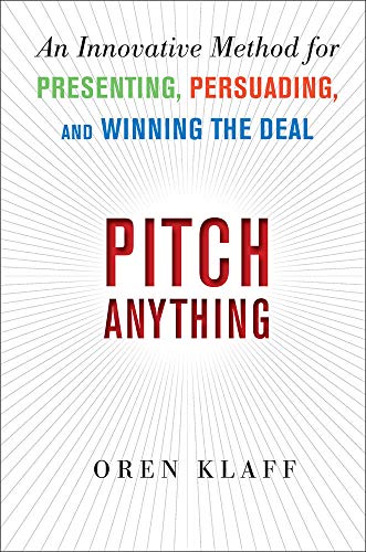 Book cover for Pitch Anything by Oren Klaff with a white sunburst background.