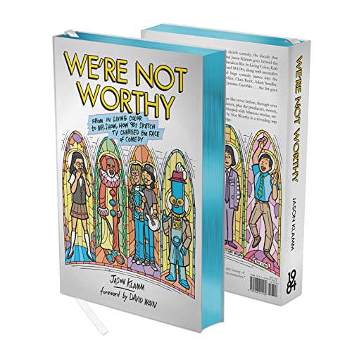 Book cover: “We’re Not Worthy” with cartoon figures in stained-glass style.