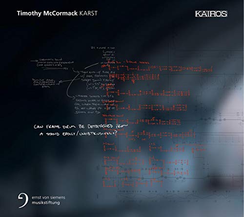 "Album cover with dark background, white and red musical notes, and handwritten text."