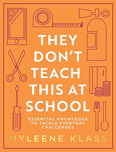 Book cover titled They Don’t Teach This at School with orange background and icons.