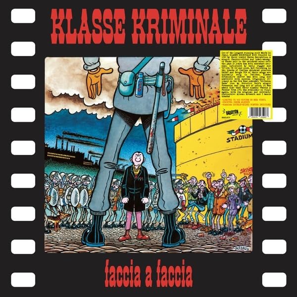 Vinyl record cover: cartoon of police, crowds, and industrial landscape.