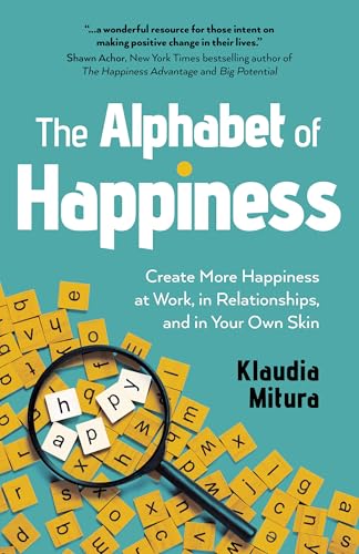 Book cover with title "The Alphabet of Happiness" and scattered letter tiles.