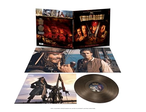 Pirates of the Caribbean soundtrack vinyl record with cover art and character images.
