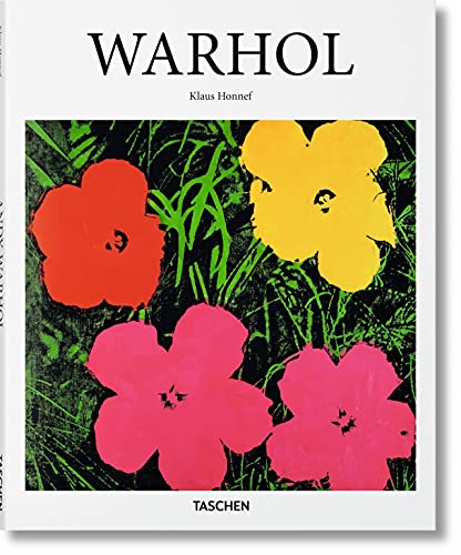 Book cover titled Warhol by Klaus Honnef featuring four colorful flowers on a black background.