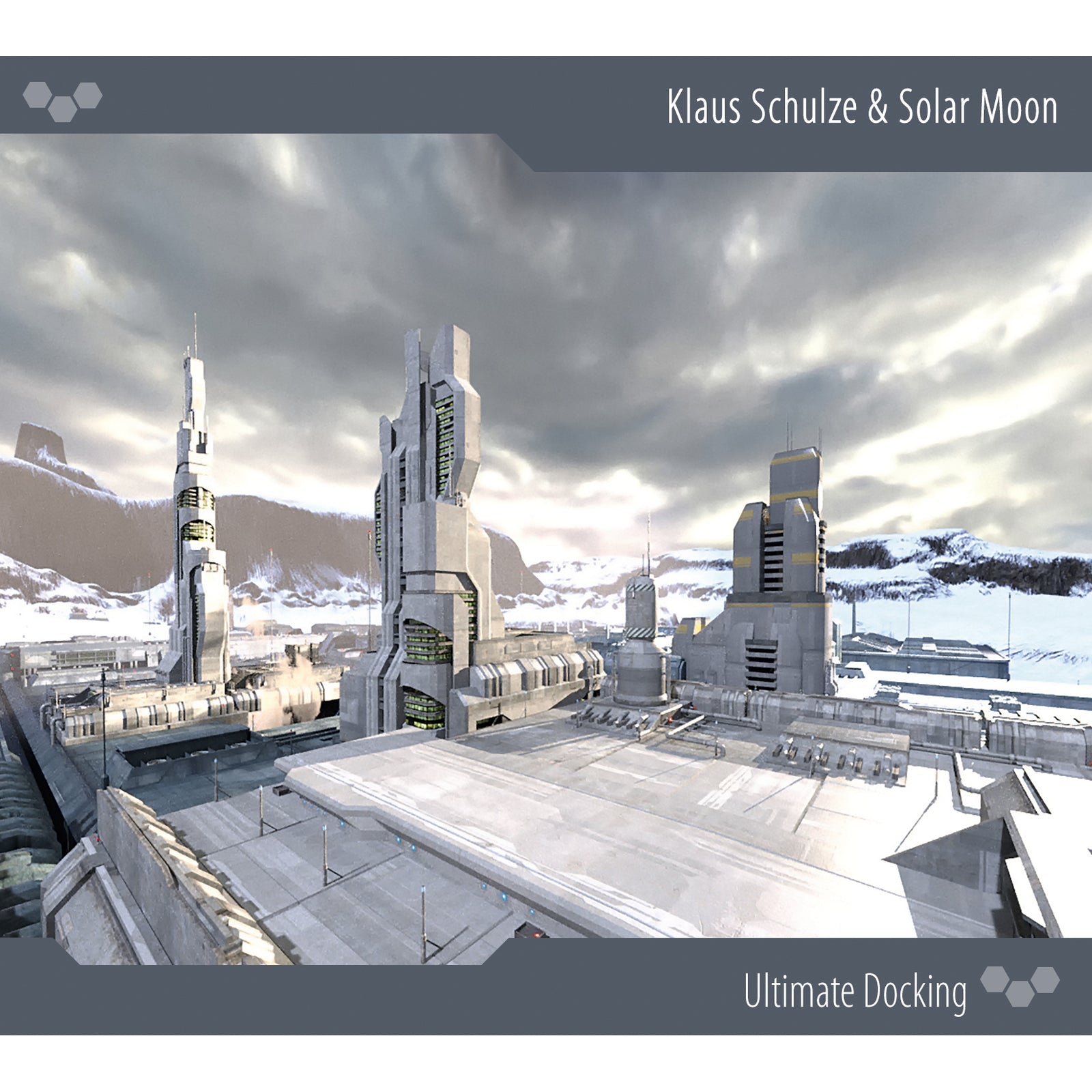 Futuristic cityscape under a cloudy sky, album cover for Klaus Schulze.