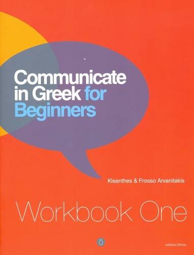 Red workbook cover with speech bubble and title "Communicate in Greek for Beginners.