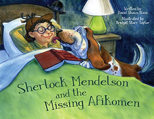 Boy in detective hat with a basset hound and open book.