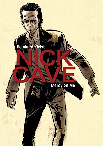 Black and white illustrated portrait of Nick Cave in a suit.