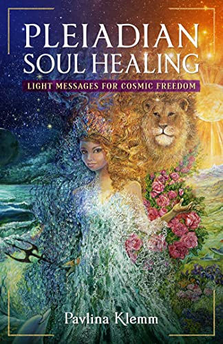 Book cover featuring a woman, a lion, roses, and cosmic imagery by Pavlina Klemm.