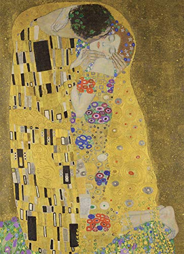 Gold-toned painting of a couple embracing, Klimt's "The Kiss" style.