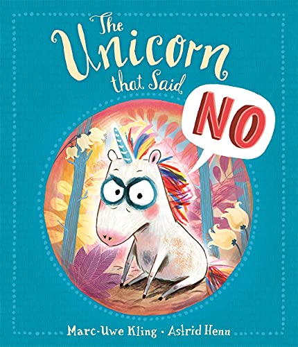 Illustration of a white unicorn with a colorful mane saying “NO”.