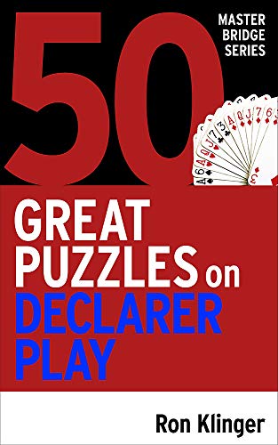 Book cover titled 50 Great Puzzles on Declarer Play by Ron Klinger with playing cards.