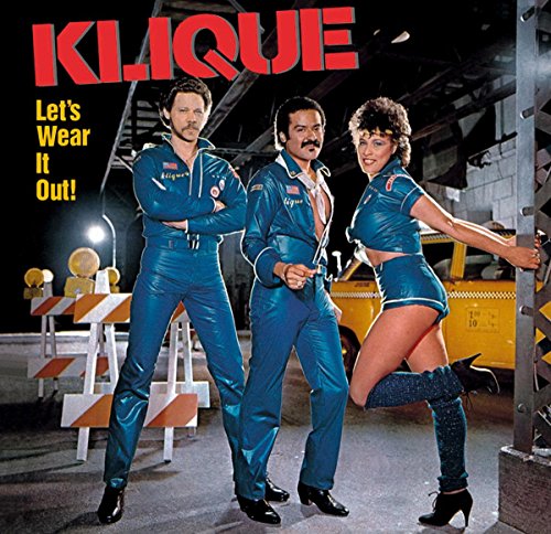 Album cover for Klique’s “Let’s Wear It Out” featuring three people in blue jumpsuits.