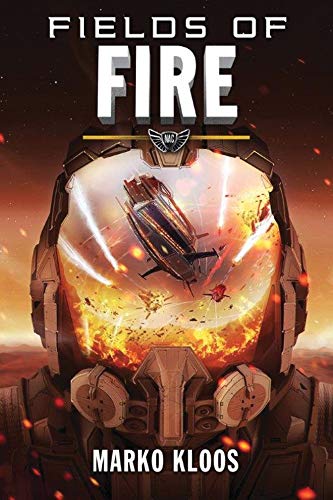 Sci-fi book cover featuring a soldier’s helmet and spaceship in flames.