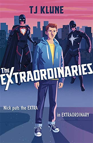 A teenage boy stands in front of two superheroes against a city skyline background.