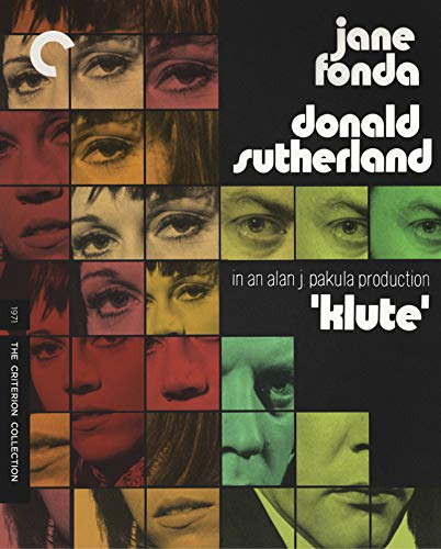 Blu-ray cover art for Klute featuring a grid of close-up faces in various colors.