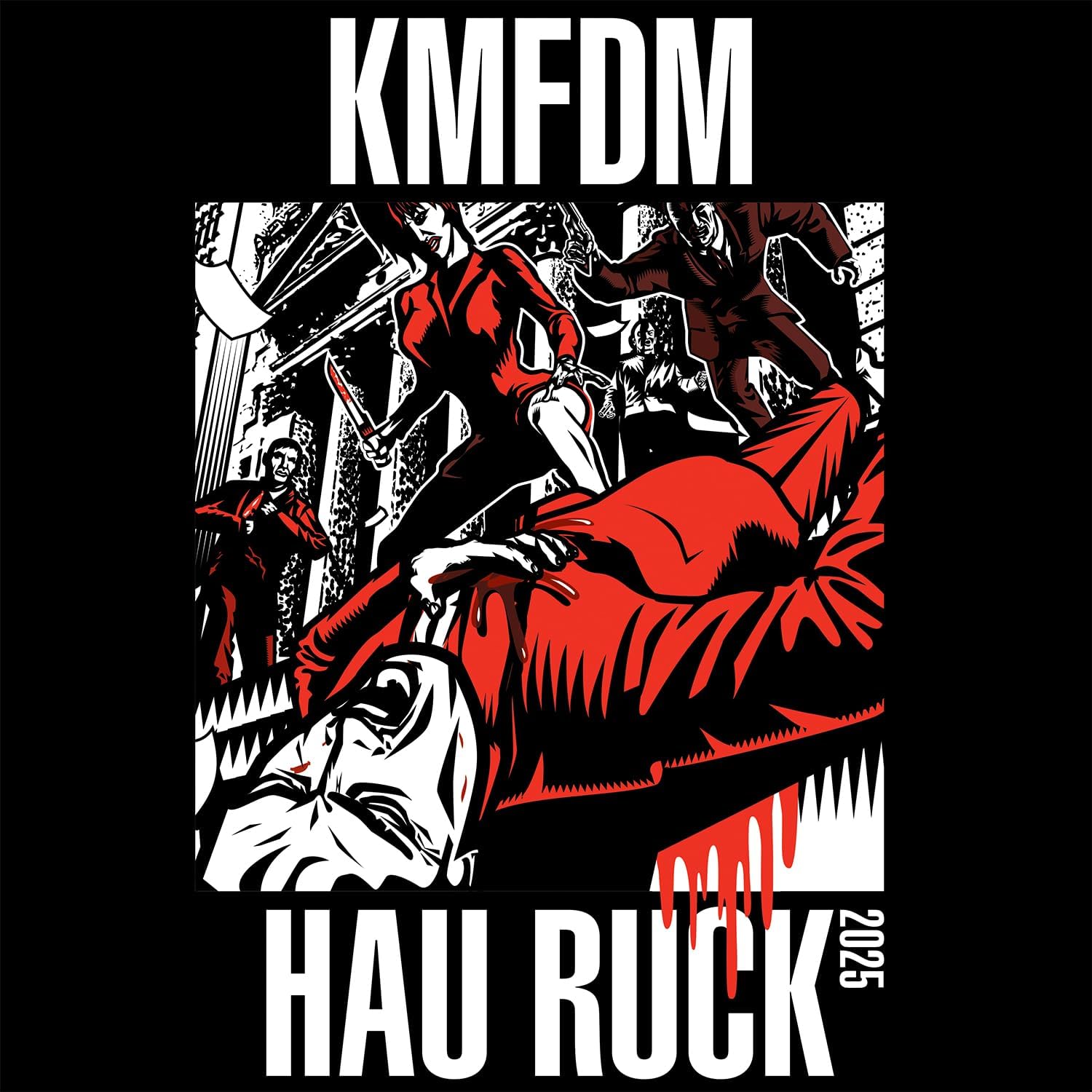 KMFDM “Hau Ruck 2025” CD cover: black background with red and white artwork.