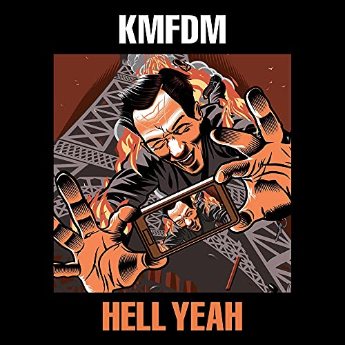 KMFDM album cover: man with fiery hands and phone reflection.