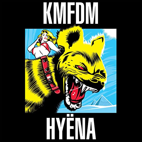 KMFDM “Hyena” CD cover: woman riding a snarling yellow hyena.