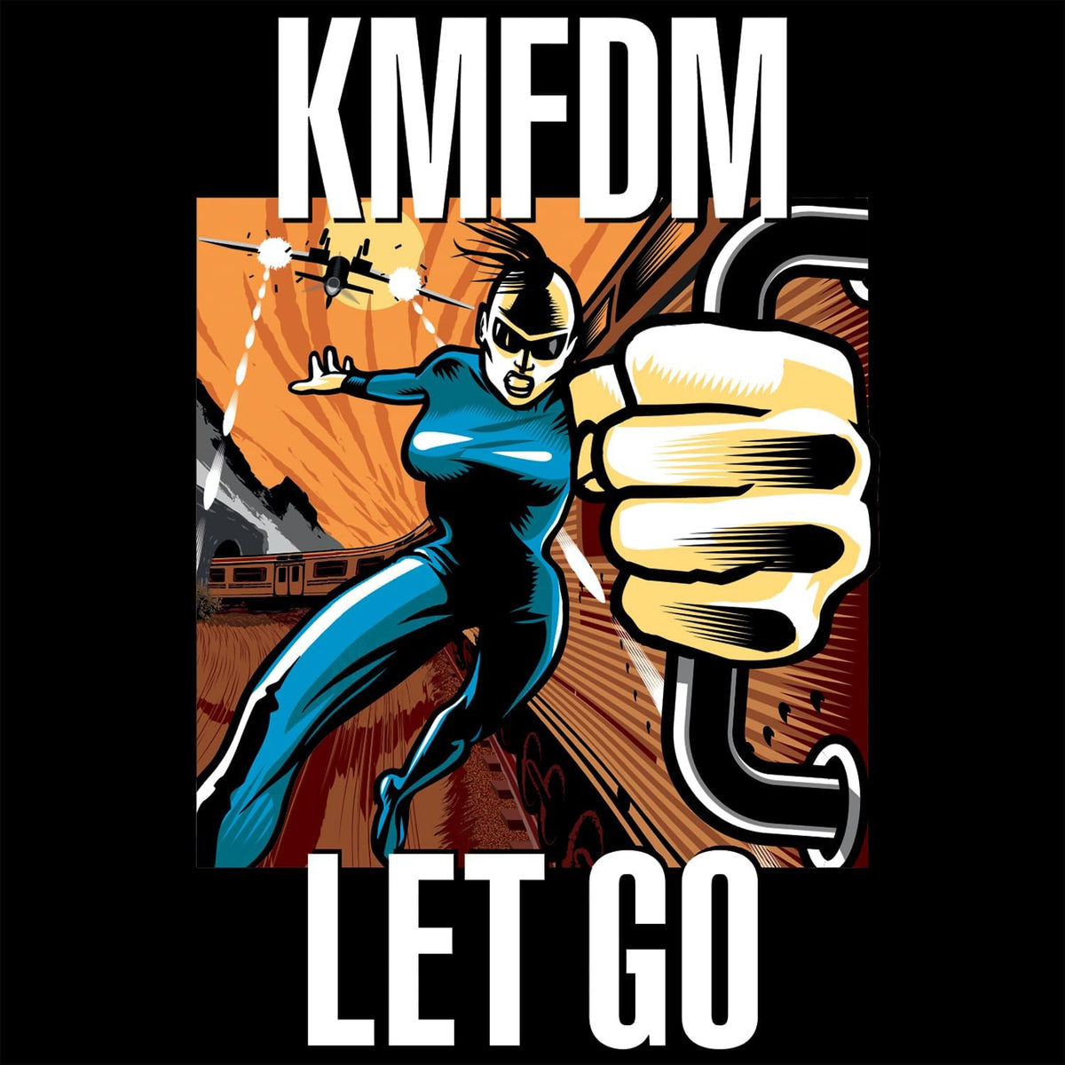 KMFDM "Let Go" vinyl cover: stylized figure breaking chains, orange and black.