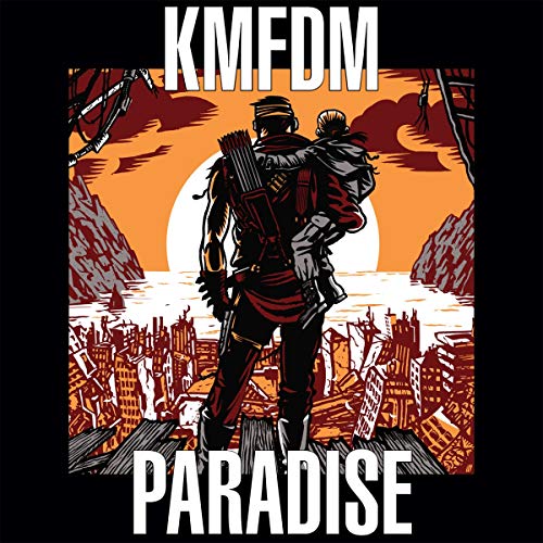 "Album cover art for KMFDM's 'Paradise' featuring a man carrying a child."