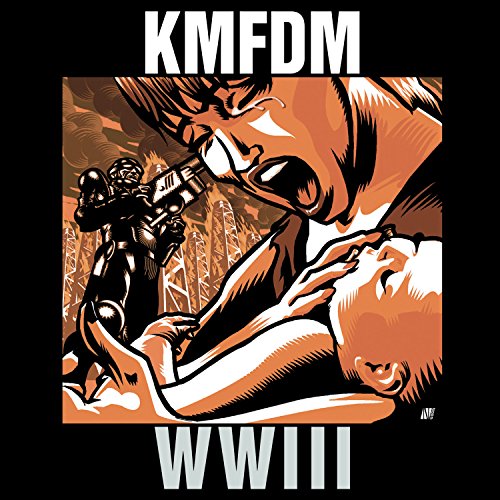 KMFDM WWIII album art showing a soldier pointing a gun at a crying person.