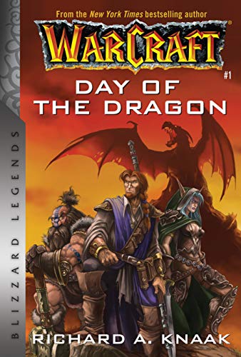 Book cover for Warcraft: Day of the Dragon featuring three heroes and a red dragon.