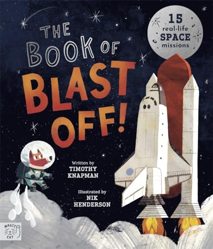 Book cover with a space shuttle, astronaut cat, and starry background.