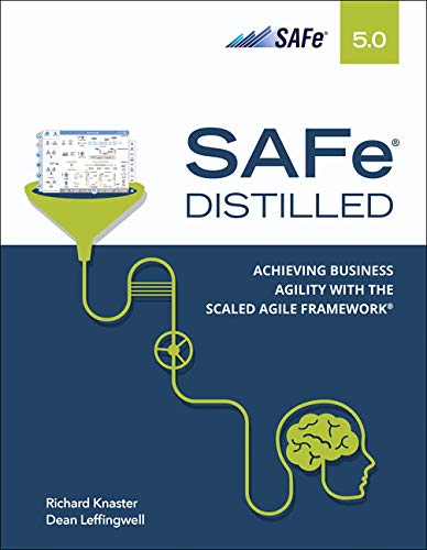Book cover for “SAFe 5.0 Distilled” with a funnel and brain illustration.