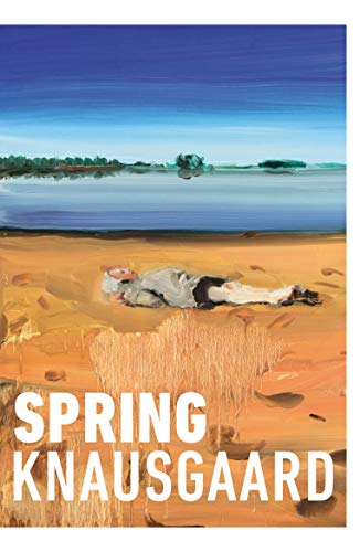 Painted book cover: person lying in grass by a lake.