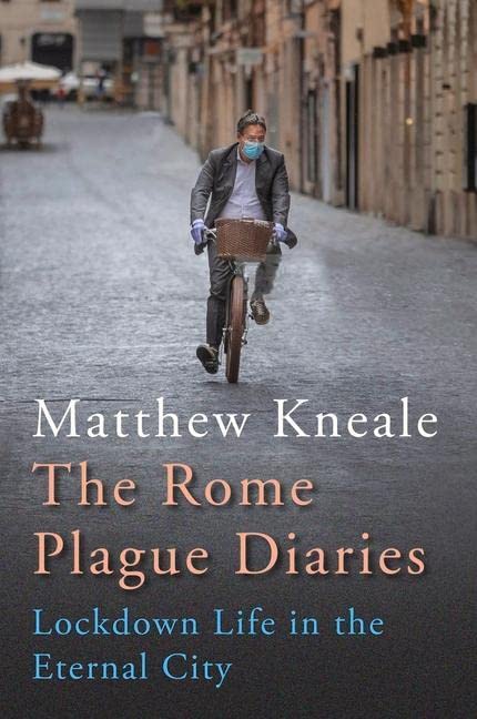 Book cover: man on bicycle, Rome street, title “The Rome Plague Diaries.”