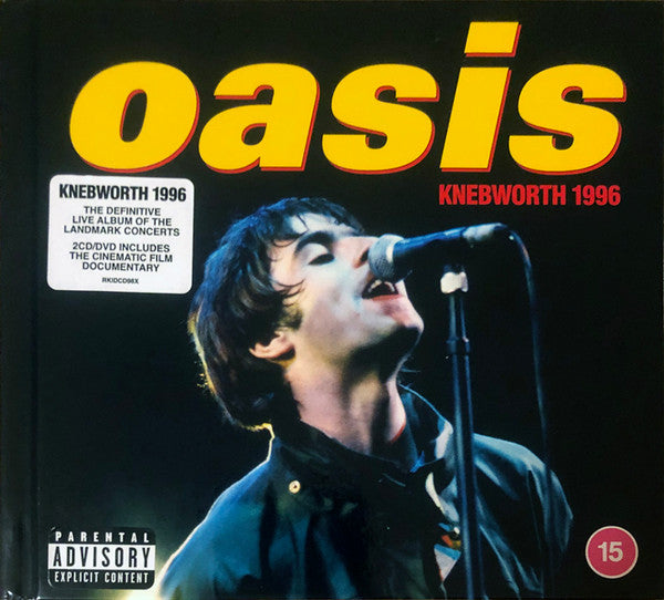 Oasis Knebworth 1996 DVD cover featuring Liam Gallagher singing into a microphone.