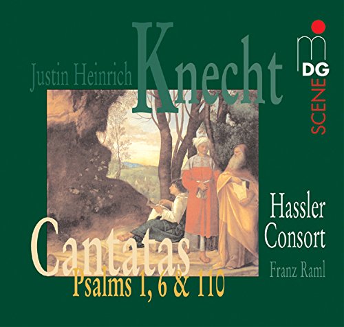 "CD cover with medieval painting on green background, featuring robed figures in a landscape."