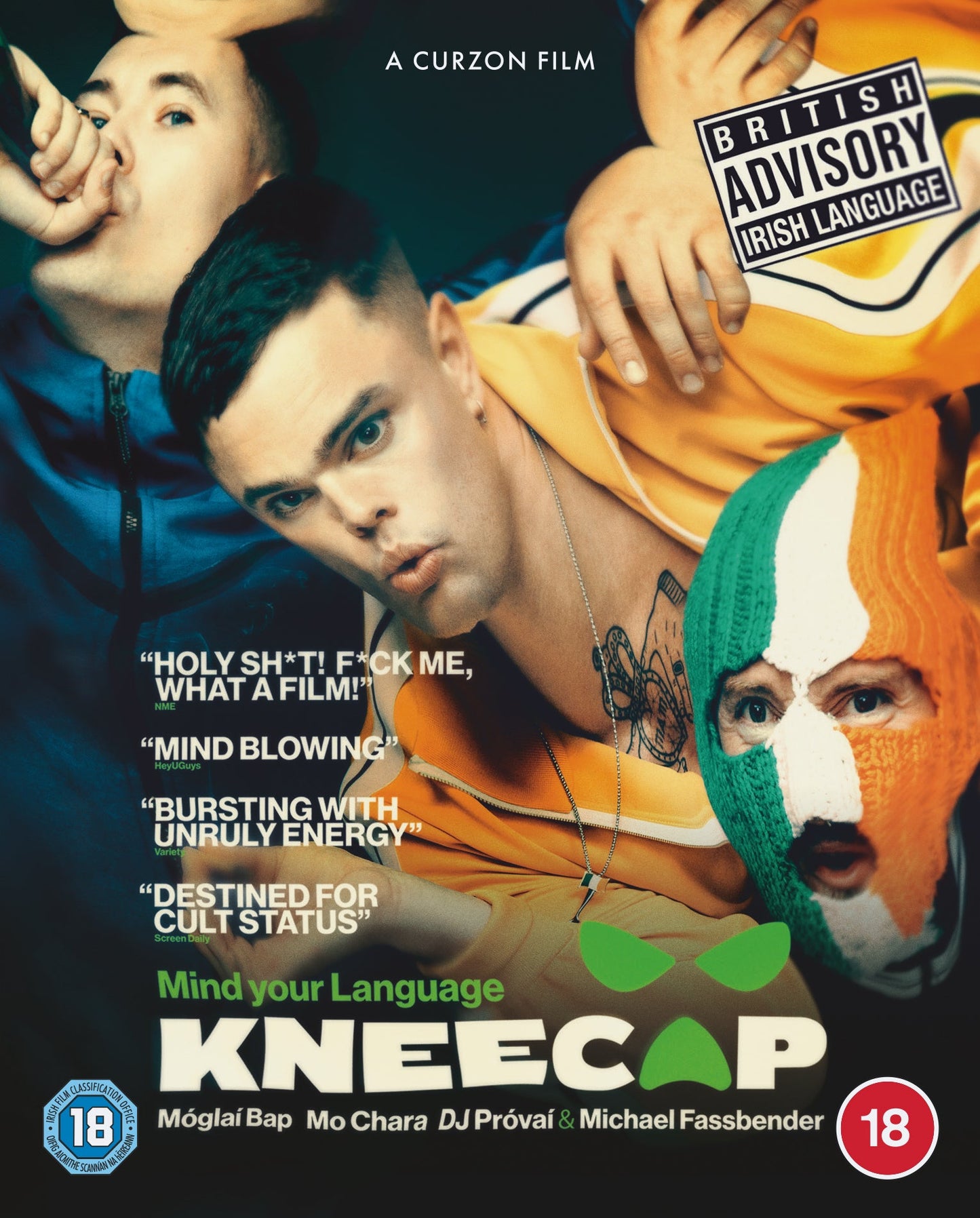 Blu-ray cover for Irish film "Kneecap" featuring three young men.
