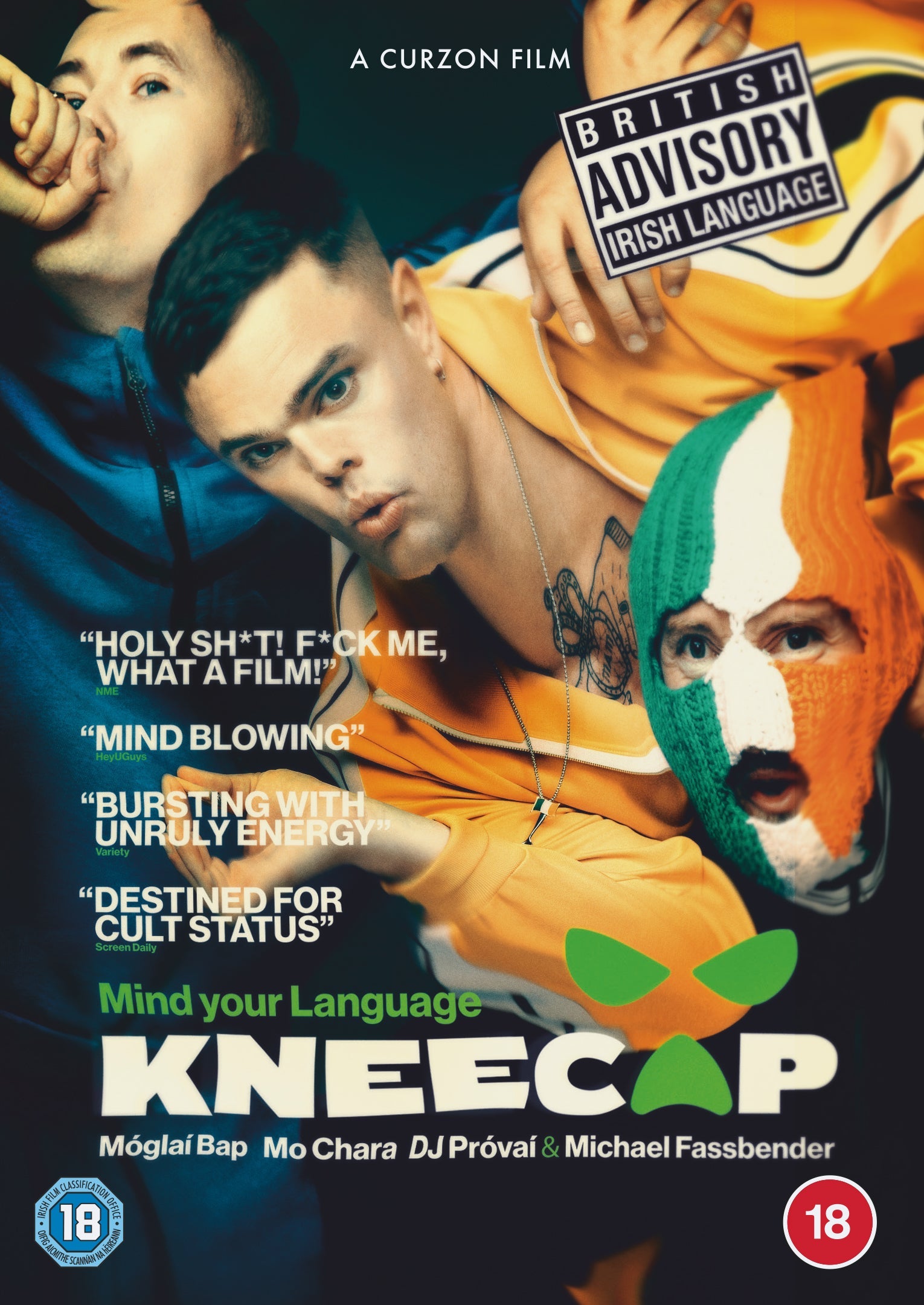 DVD cover for "Kneecap" film, featuring a young man with an Irish flag.