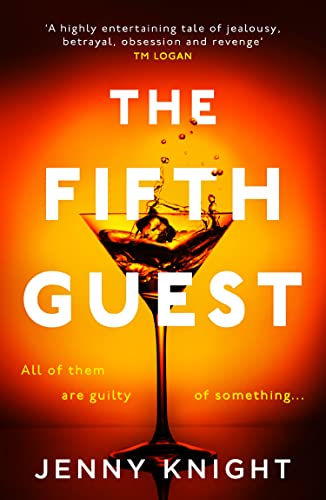 Book cover: "The Fifth Guest" with a martini glass and orange background.
