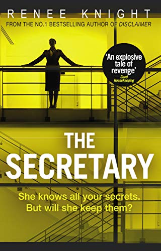 Book cover: woman in suit overlooking office stairs, bold yellow text.