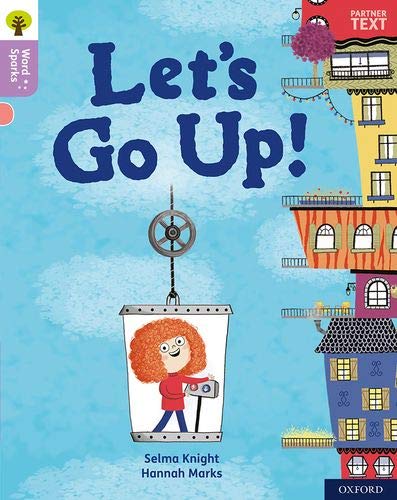 Book cover: girl in a lift rising past colorful, tall buildings.