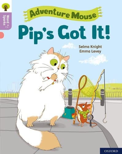 Book cover: a fluffy cat with a small mouse and fishing net.
