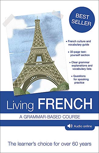 Textbook cover for “Living French” with an illustration of the Eiffel Tower.