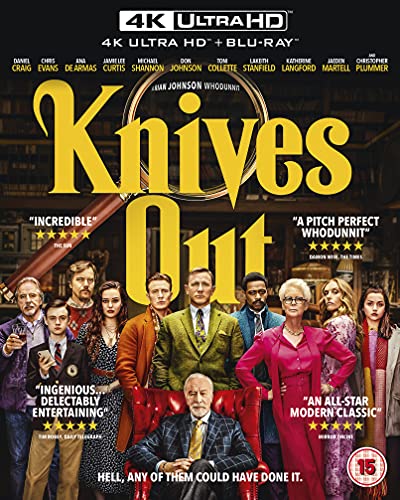 Knives Out" UHD Blu-ray cover with cast photo and a golden knife.