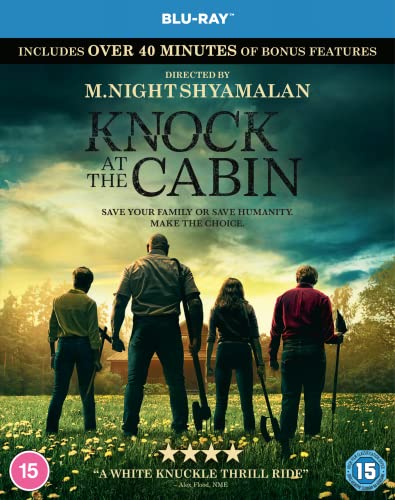 Blu-ray cover for "Knock at the Cabin" featuring four figures in a field.