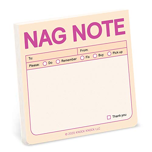 Pastel pink "NAG NOTE" sticky note pad with fill-in lines.